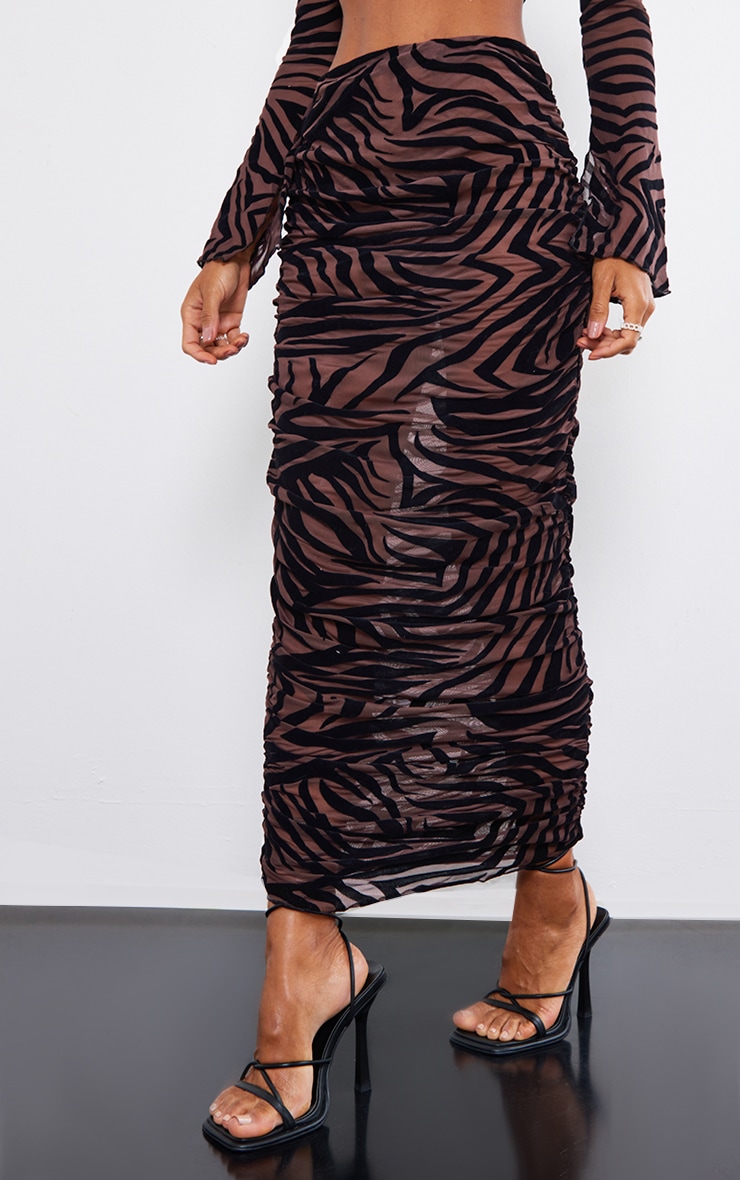 Chocolate Zebra Devore Ruched Side Midi Skirt Co-ords PLT QA