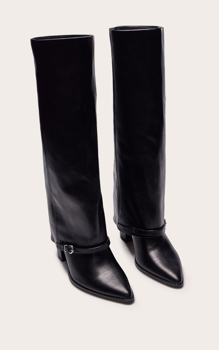 Black Fold Over Knee High Block Heel Boot image 3
