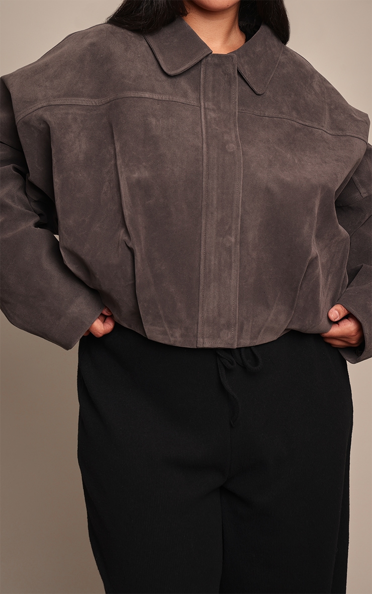 Plus Grey Faux Suede Covered Placket Bomber Jacket image 4
