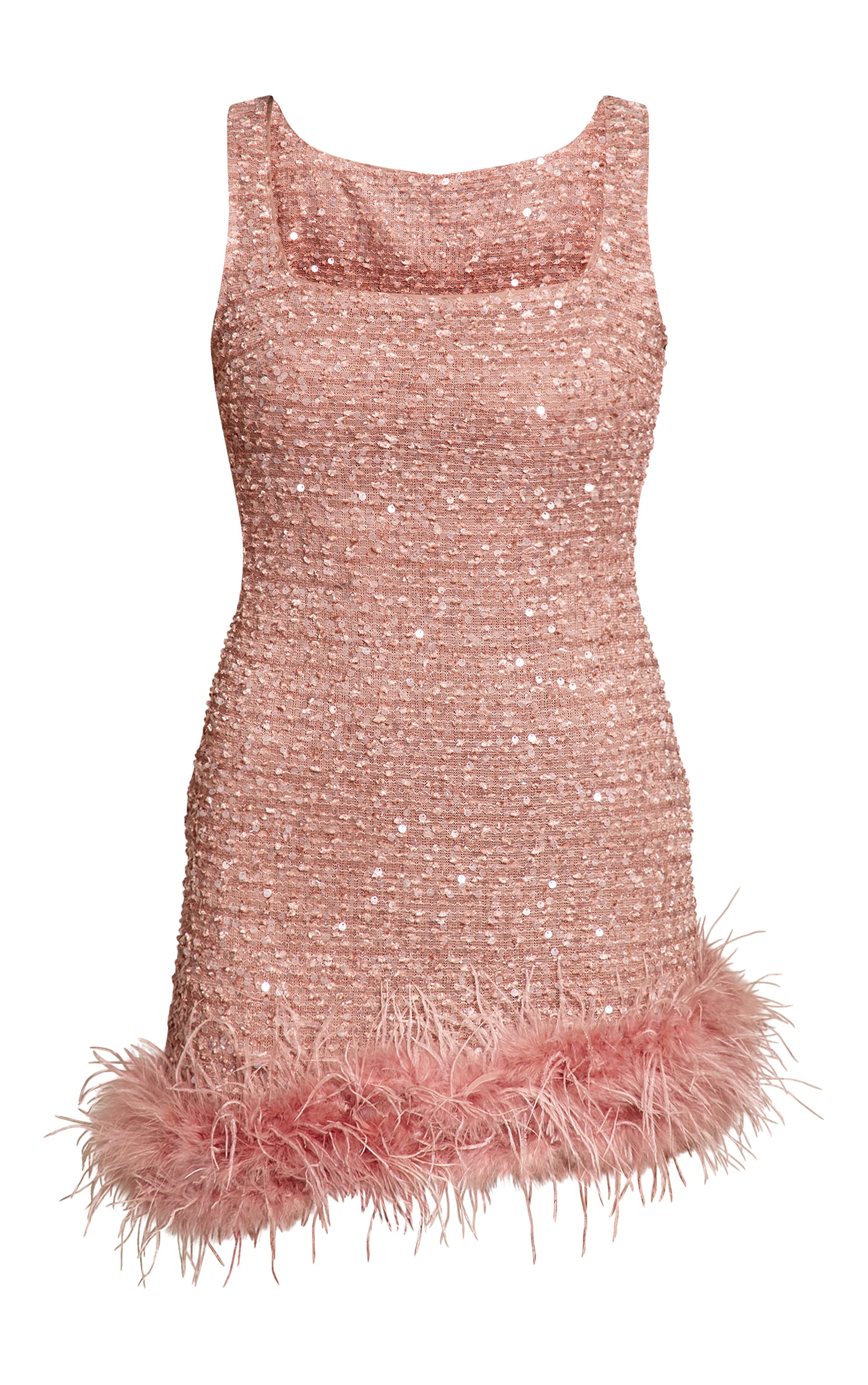 Taupe Sequin Scoop Neck Feather Hem Shift Dress image 5