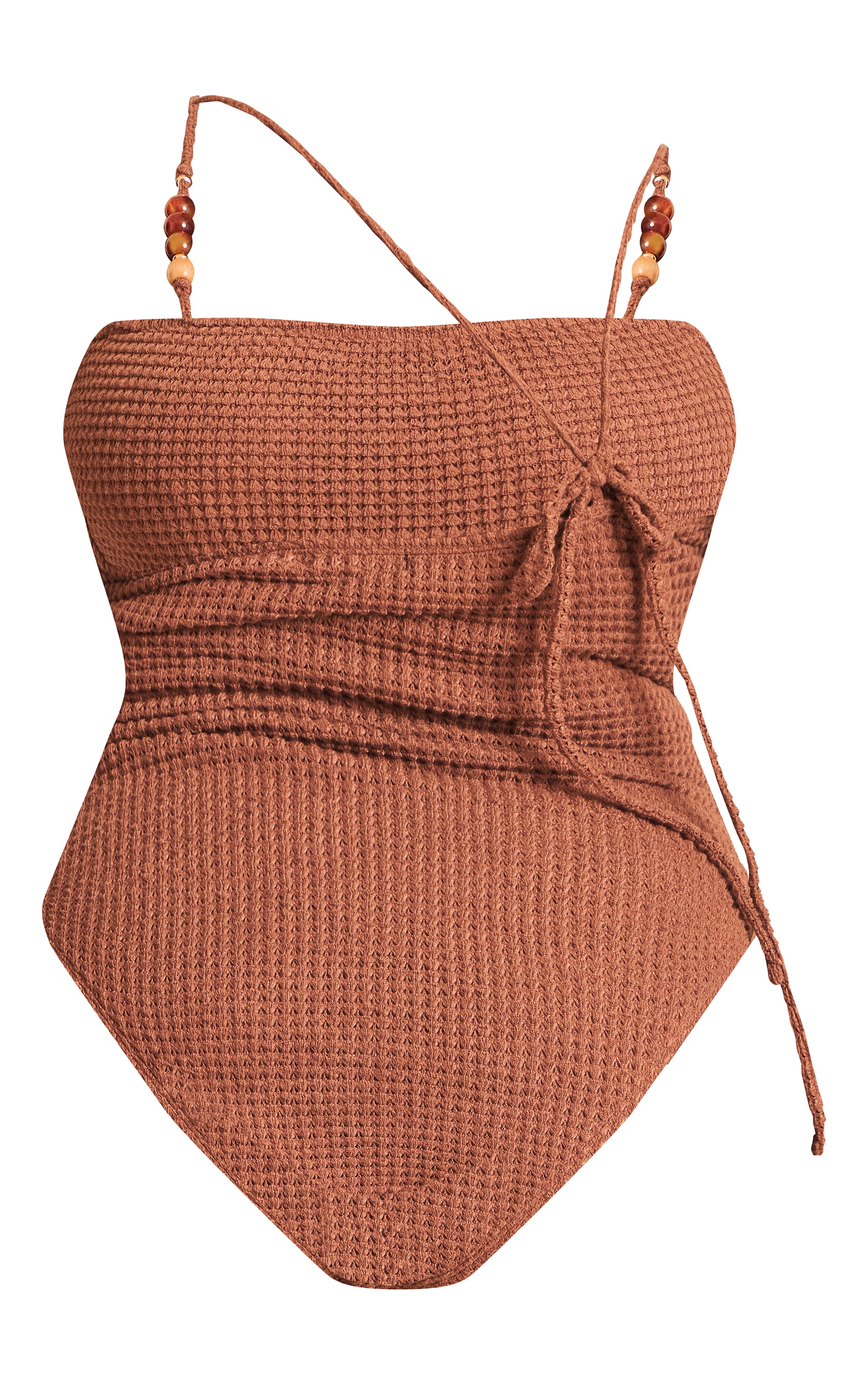 Plus Maillot de bain en maille style crochet café au lait à bretelles asymétriques et empiècements perles image 5
