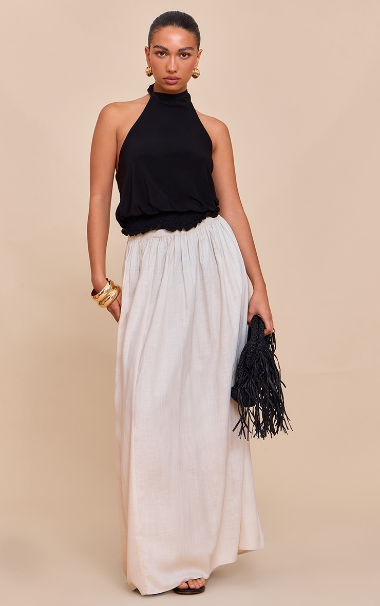Black Double Layer Slinky Shirred Hem Halterneck Top image 3