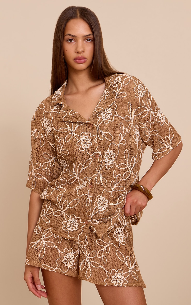 Tan Embroidered Floral Floaty Shorts image 1