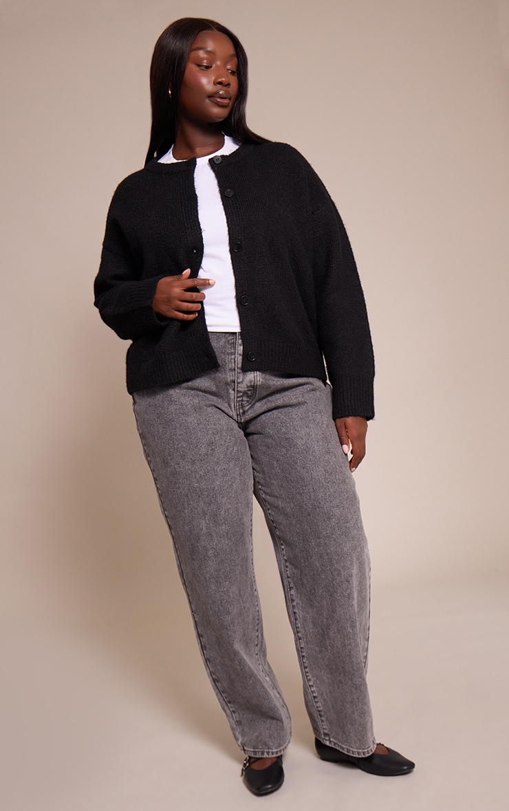 Plus Black Brushed Oversized Detail Round Neck Cardigan image 3
