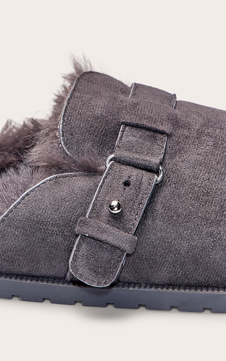 Charcoal Faux Suede Faux Fur Lined Buckle Mules image 5