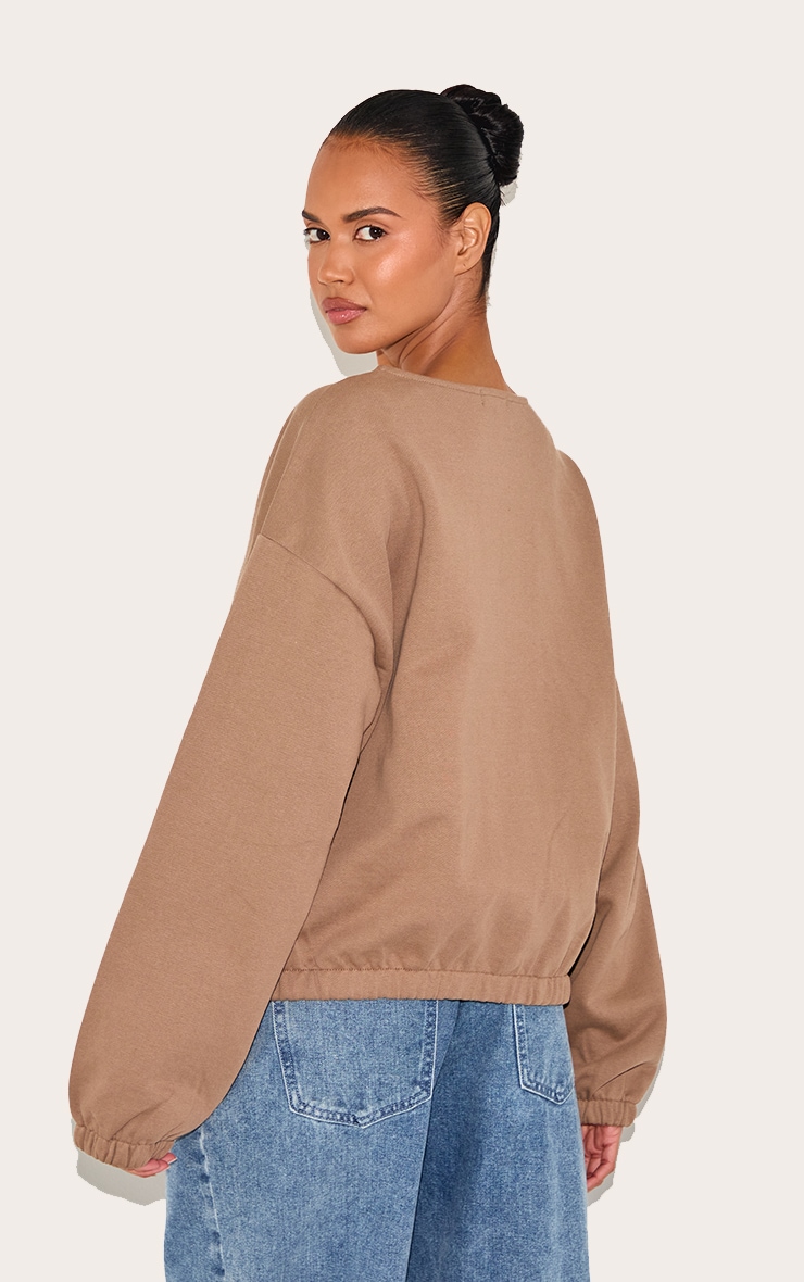 Taupe Premium Oversized Boxy Collarless Zip Sweat Top image 2