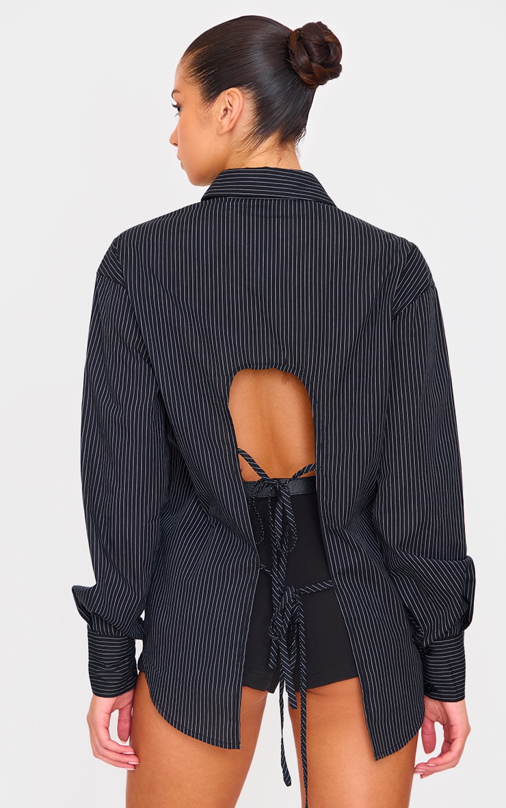 Black Oversized Striped Cut Out Back Shirt image 2