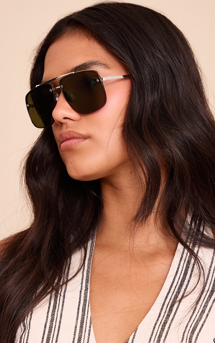 Silver Oversized Angled Aviator Sunglasses image 1