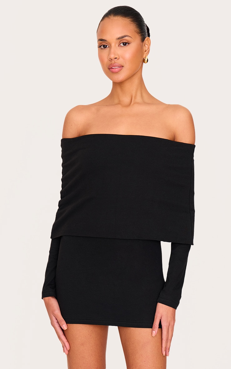 Black Cotton Super Oversized Bardot Mini Dress image 1