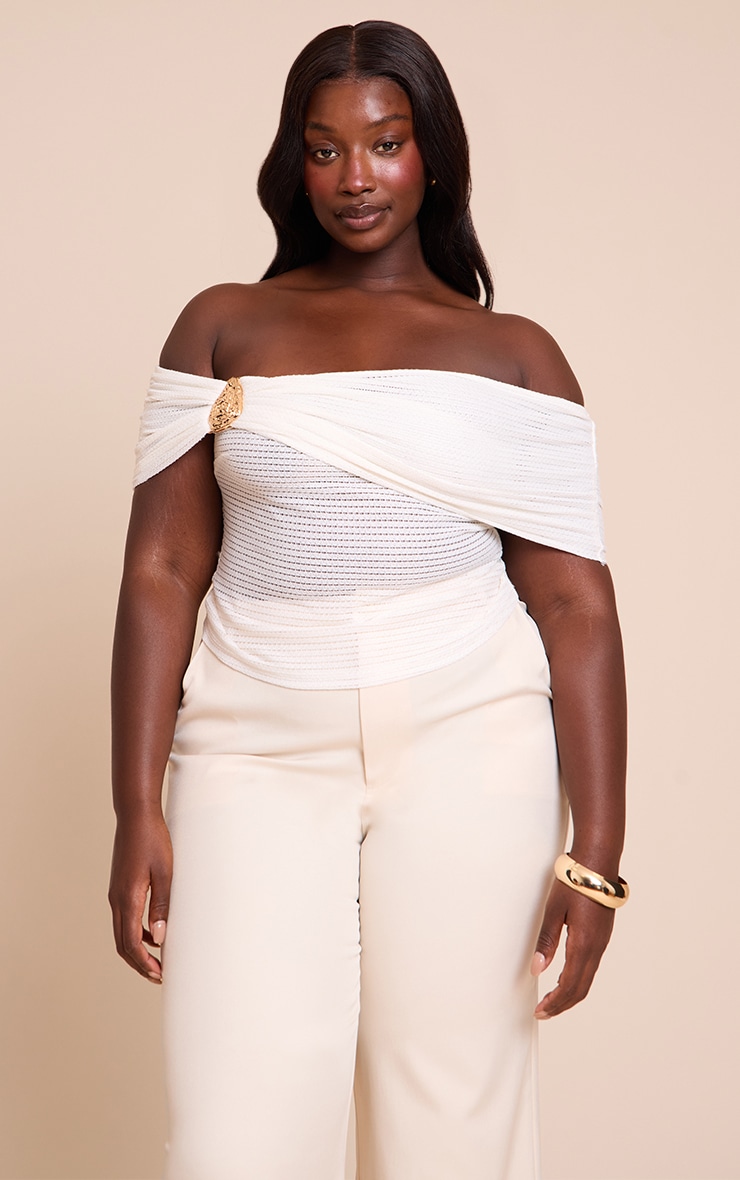 Plus Cream Textured Trim Detail Bardot Top image 1