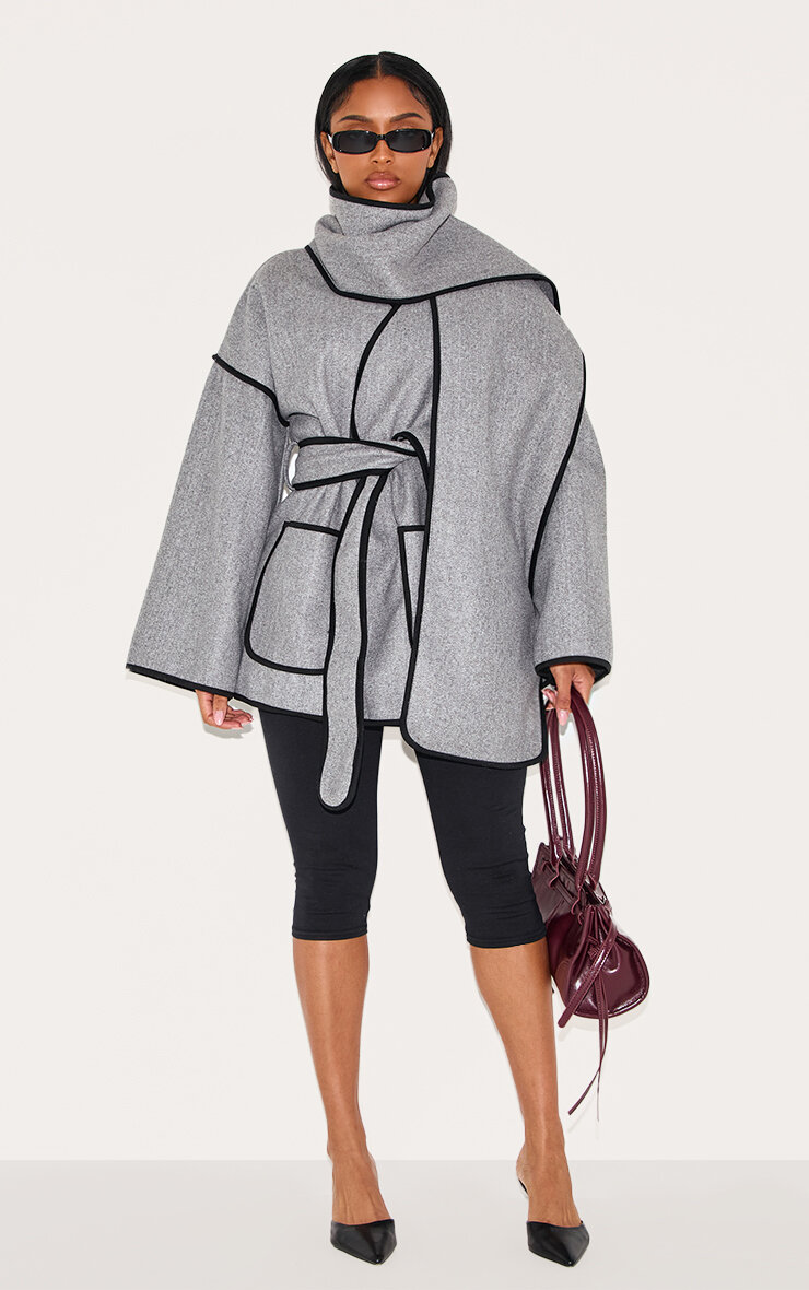 Shape Grey Wool Look Contrast Binding Wrap Over Belted Jacket And Scarf image 3