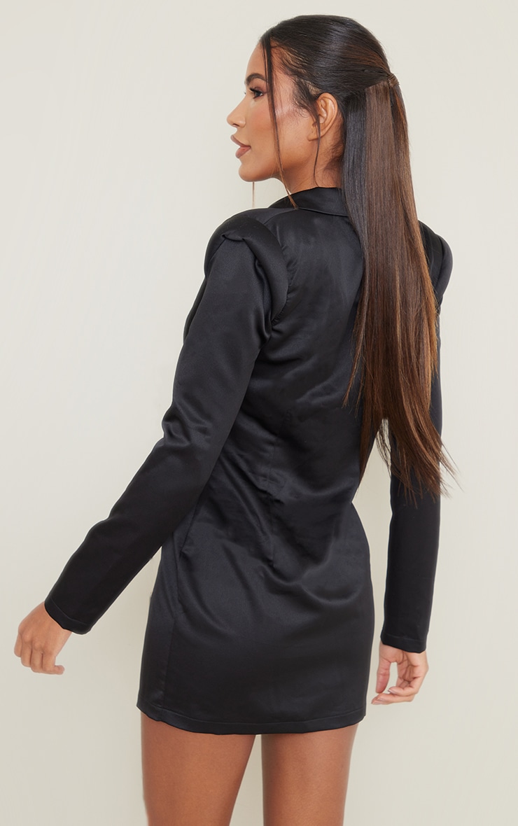 Black Satin Double Breasted Fitted Blazer Dress image 2