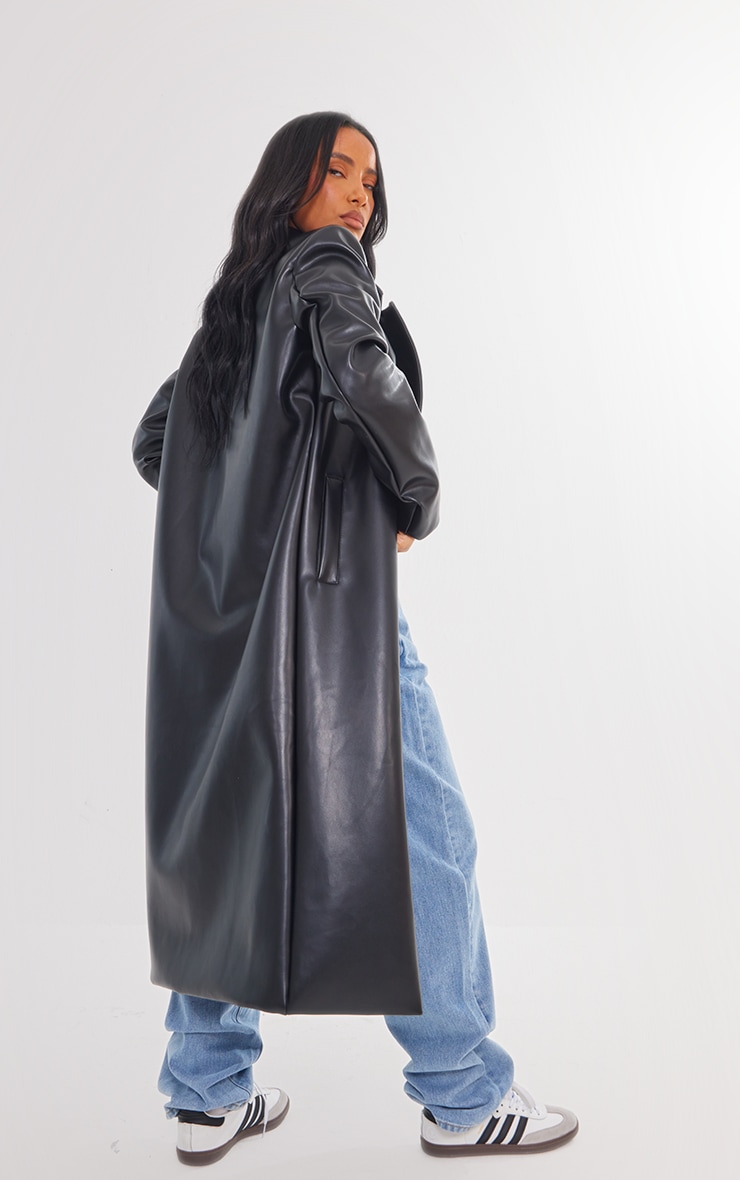 Black Shoulder Padded Faux Leather Longline Coat image 2