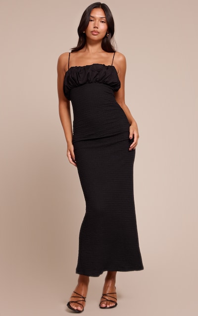 Black Textured Puff Detail Strappy Maxi Dress