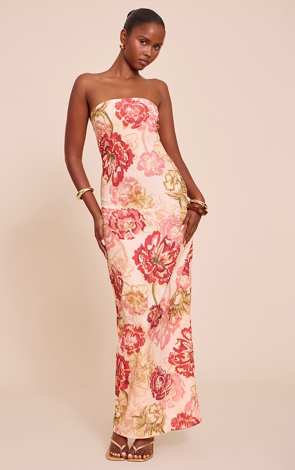 Robe bustier longue en mousseline de soie multicolore fleurie