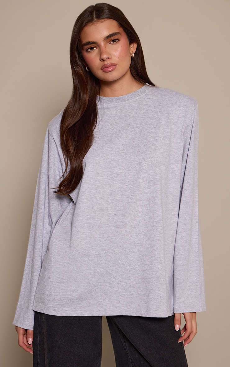 Grey Cotton Shoulder Pad Long Sleeve Oversized T-Shirt