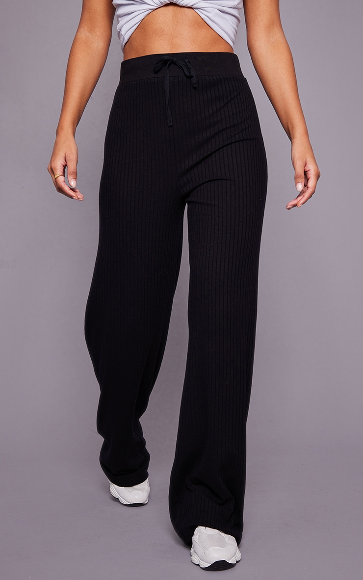 Black Heavy Rib Drawstring Wide Leg Trousers image 2