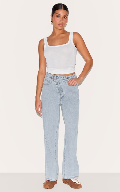 Petite Light Blue Denim Asymmetric Waistband Straight Leg Jeans