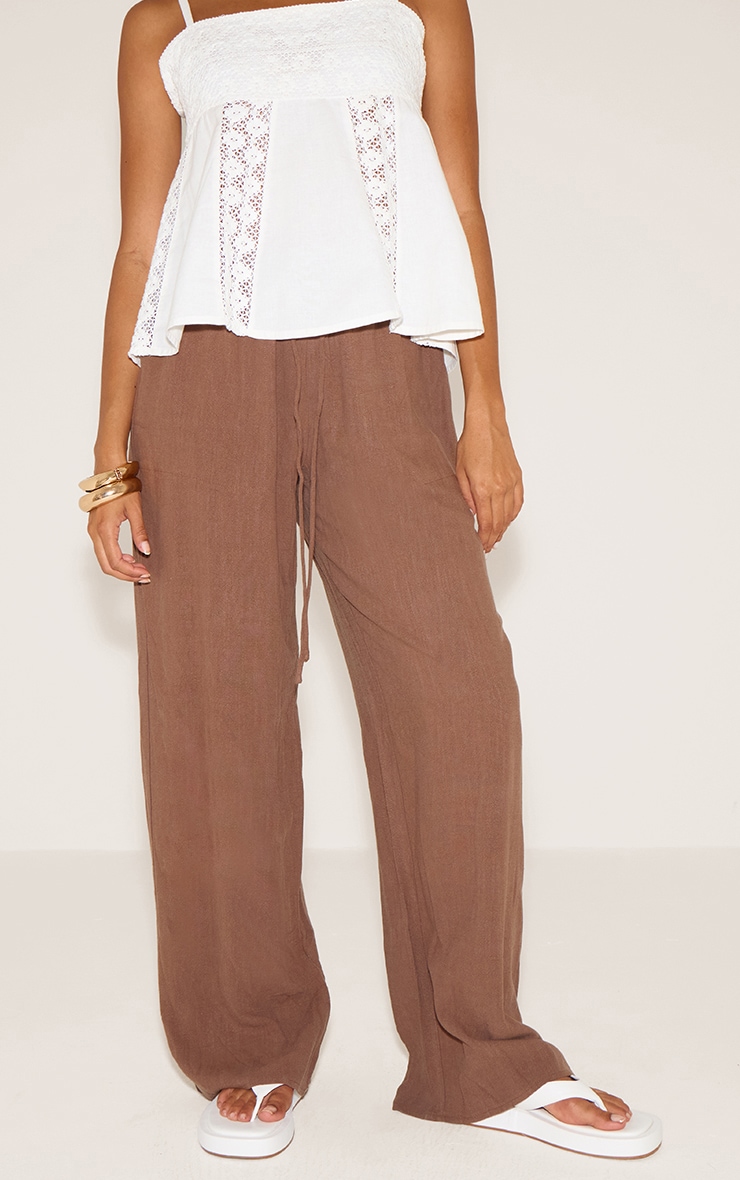 Chocolate Linen Blend Drawstring Tie Straight Leg Pants image 2