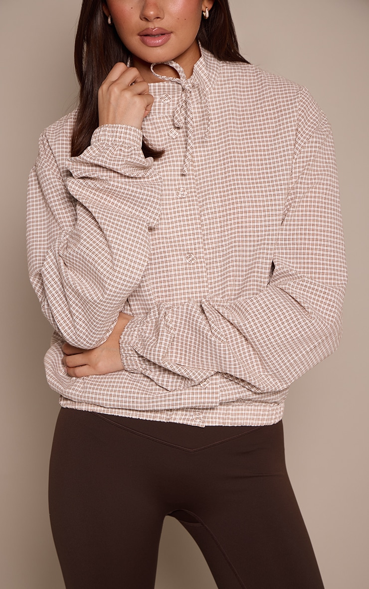 Cream Checked Funnel Neck Tie Detail Long Sleeve Shirt image 4