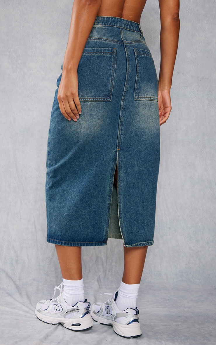 Indigo Vintage Wash Distressed Denim Midi Skirt PrettyLittleThing