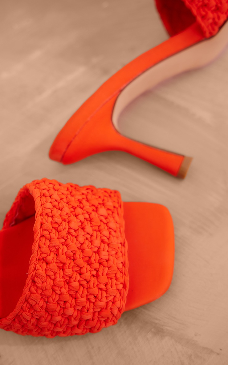 Orange Lycra Square Toe Crochet Strap Mid Heeled Mules image 4