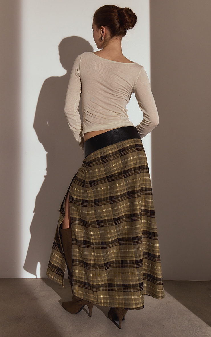 Green Check Brushed Woven Asymmetric Midi Skirt image 3
