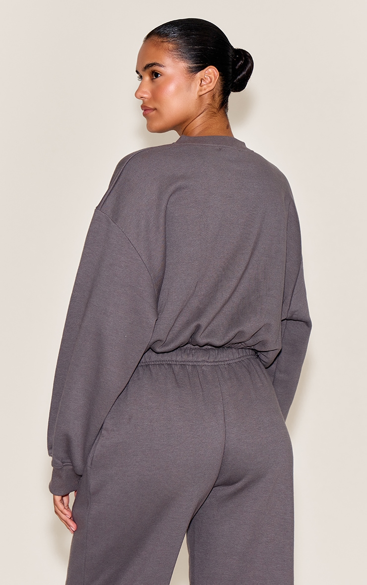 Charcoal Drawcord Waist Crop Zip Up Sweatshirt image 2