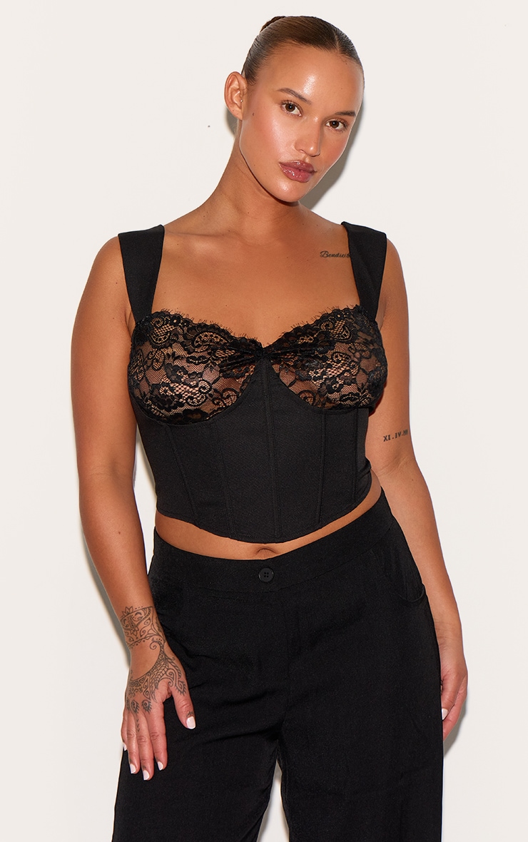 Plus Black Lace Trim Corset Top