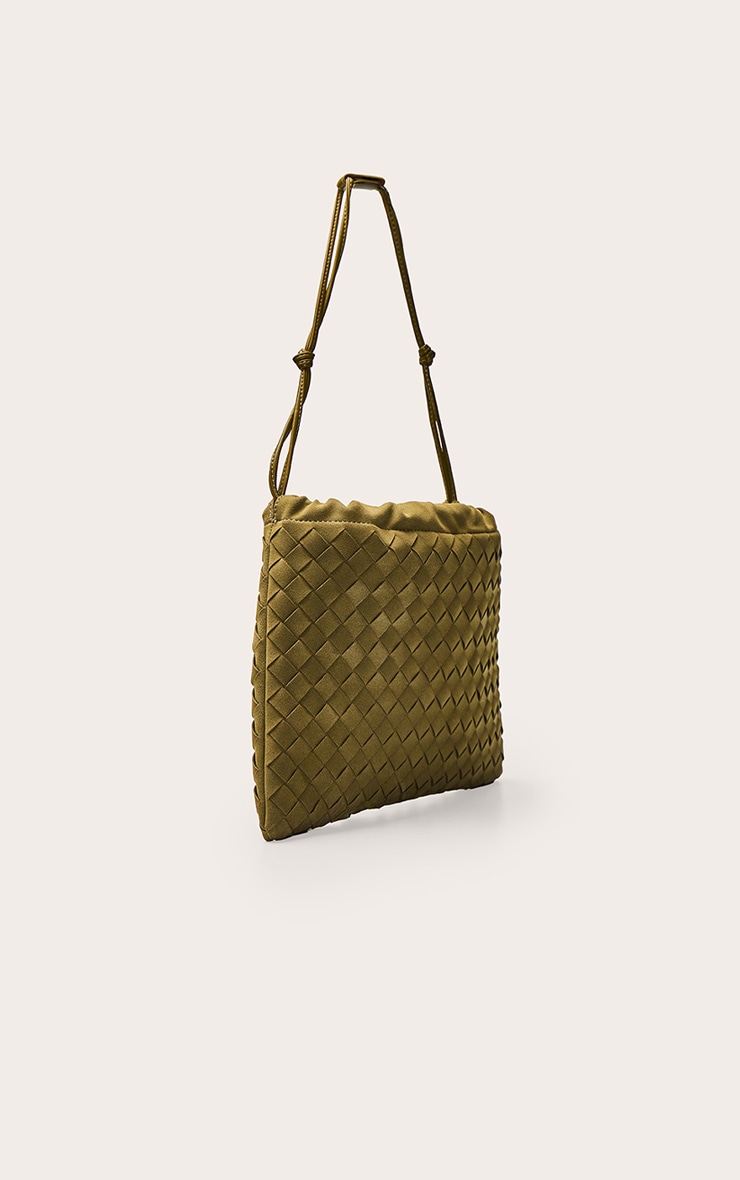 Olive Faux Suede Weave Drawstring Bag image 3