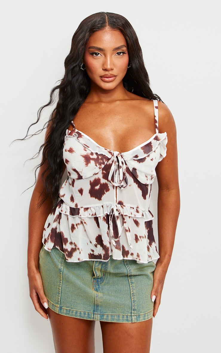Brown Printed Chiffon Tie Front Ruffle Top image 3