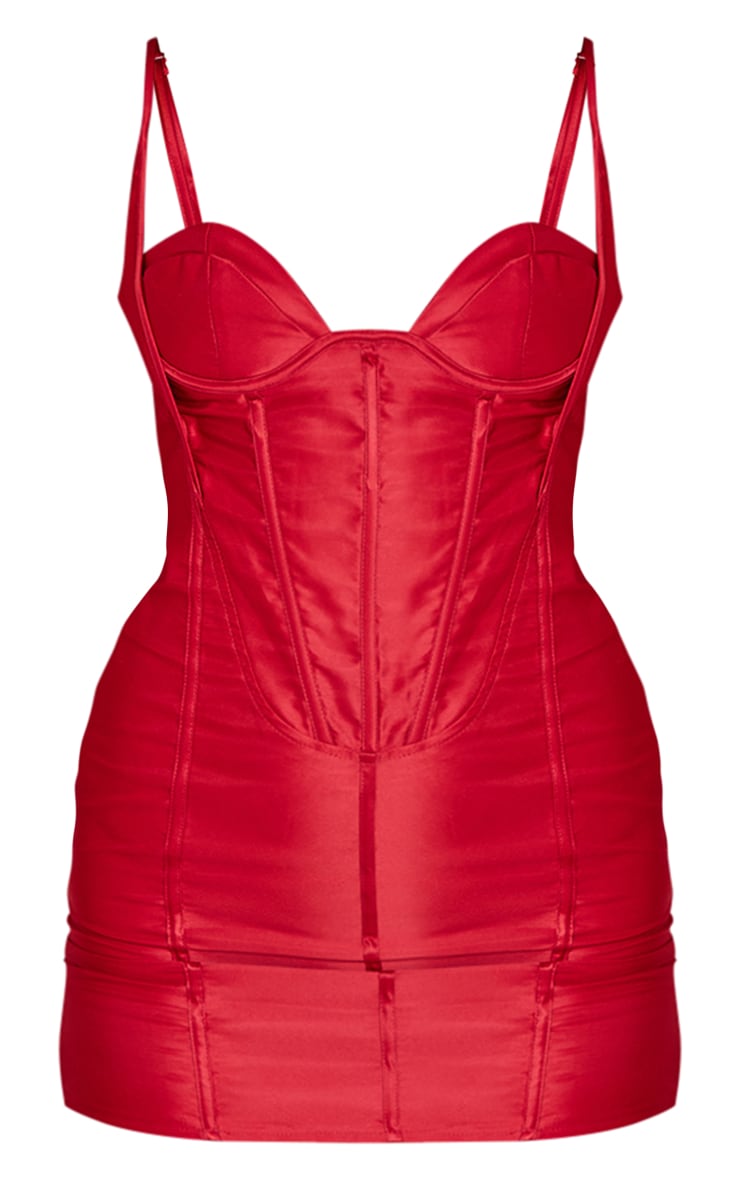 Red Satin Corset Cup Detail Bodycon Dress image 5