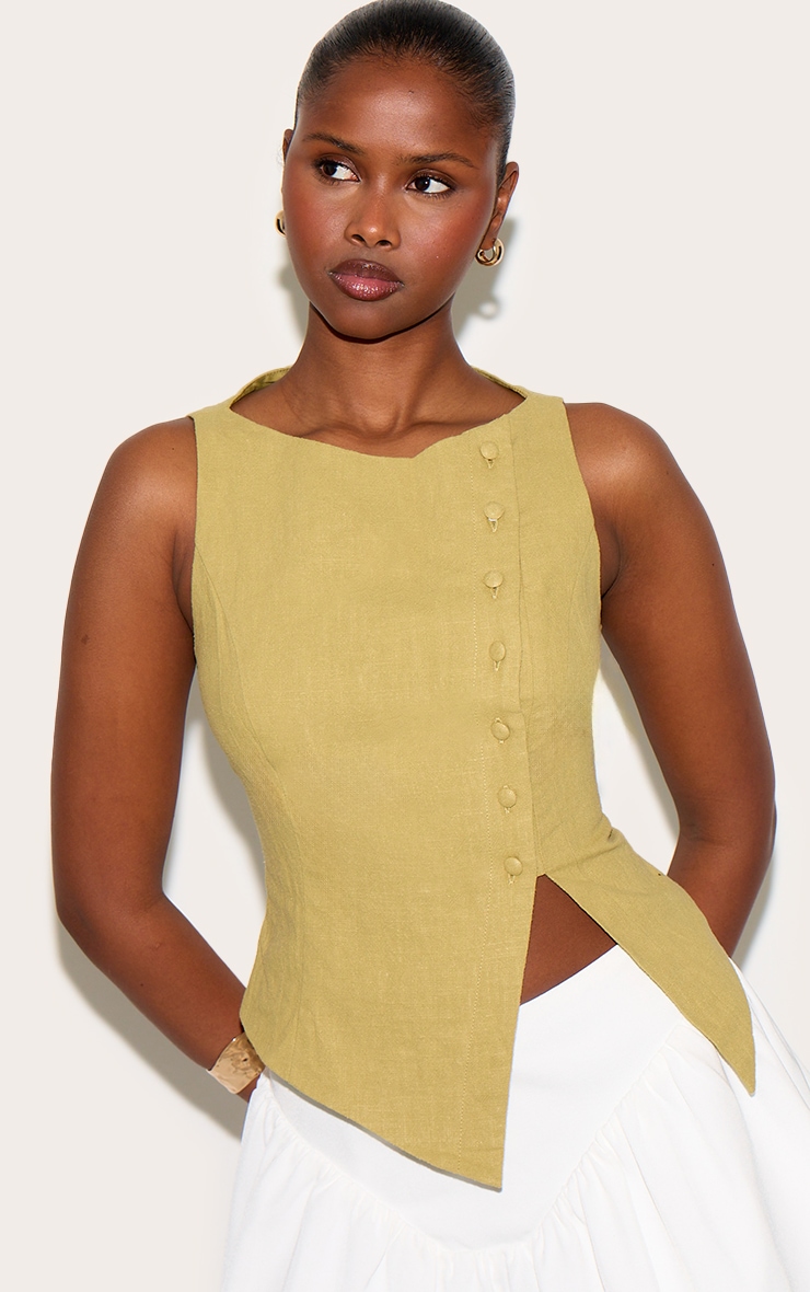 Olive Linen Blend Asymmetric Button Up Waistcoat | Tops