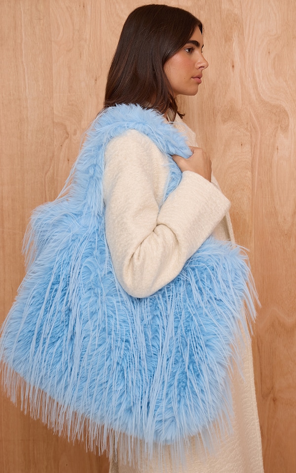 Baby Blue Shaggy Faux Fur Shaggy Tote Bag