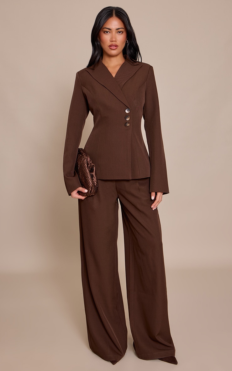 Pantalon droit tissé marron chocolat à plissures image 1