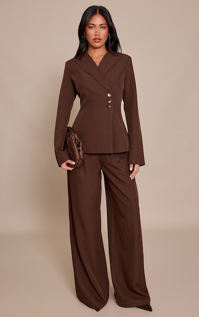 Pantalon droit tissé marron chocolat à plissures