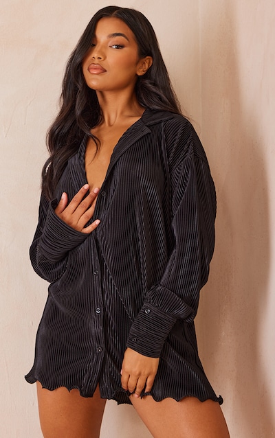 Black Plisse Frill Hem Shirt Dress