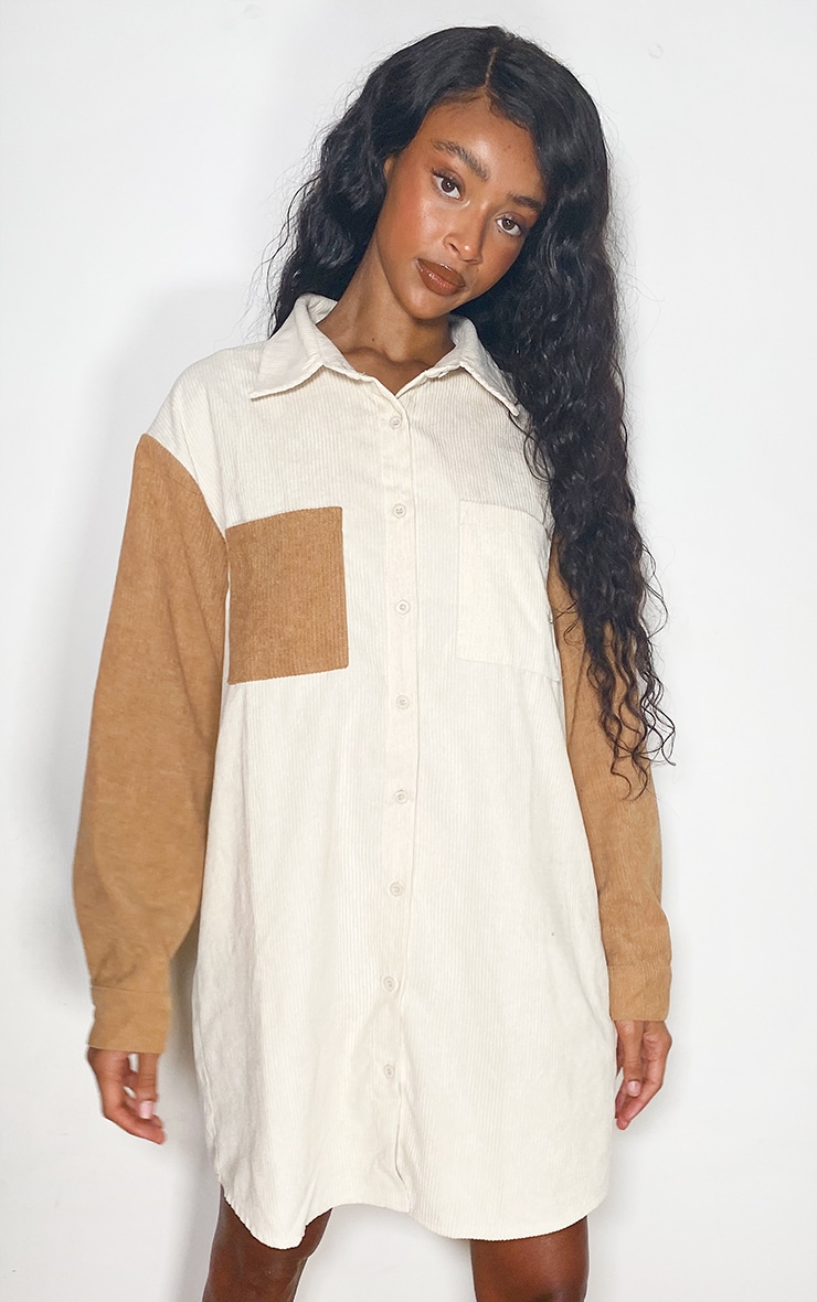 Cream Cord Pocket Front Oversized Shirt Dress