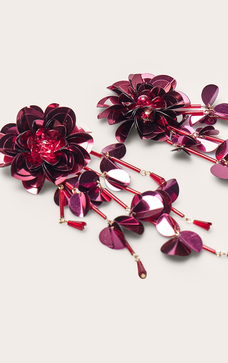 Fuchsia Flower Drop Sequin Statement Earrings image 3