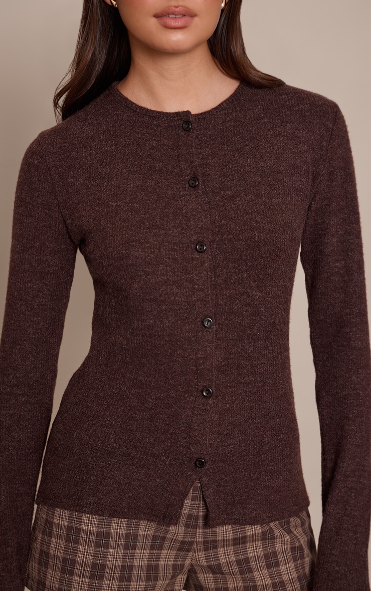 Brown Wool Rib Button Down Long Sleeve Top  image 4
