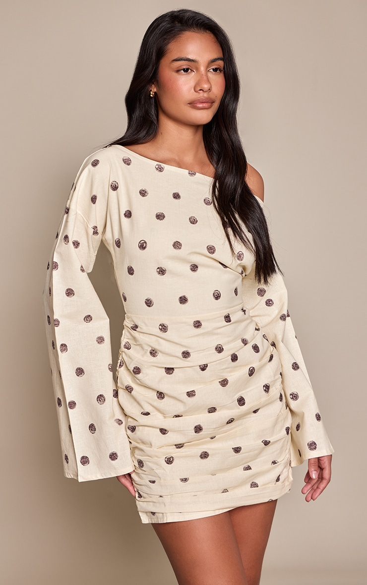 Cream Polka Dot Linen Look Boat Neck Ruched Bodycon Dress