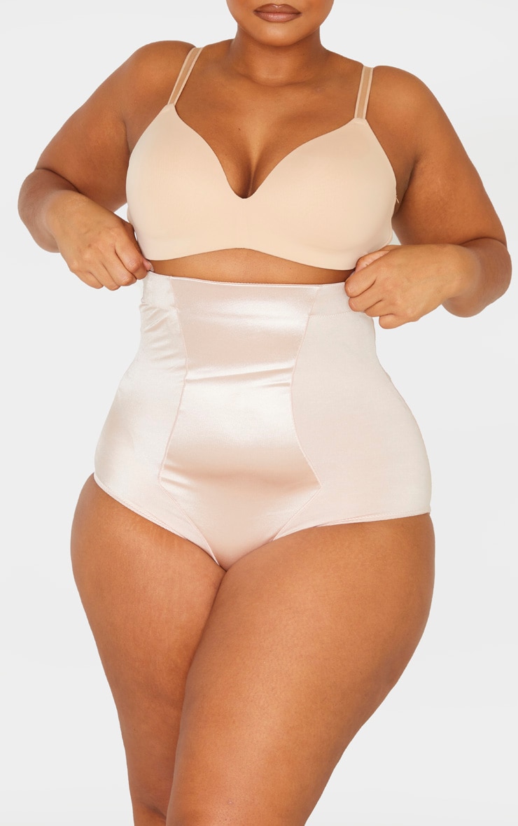 Plus Nude Satin Panelled High Waist Control Shapewear Brief