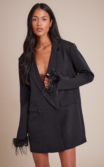 Tall Black Fur Cuff Detail Blazer Dress