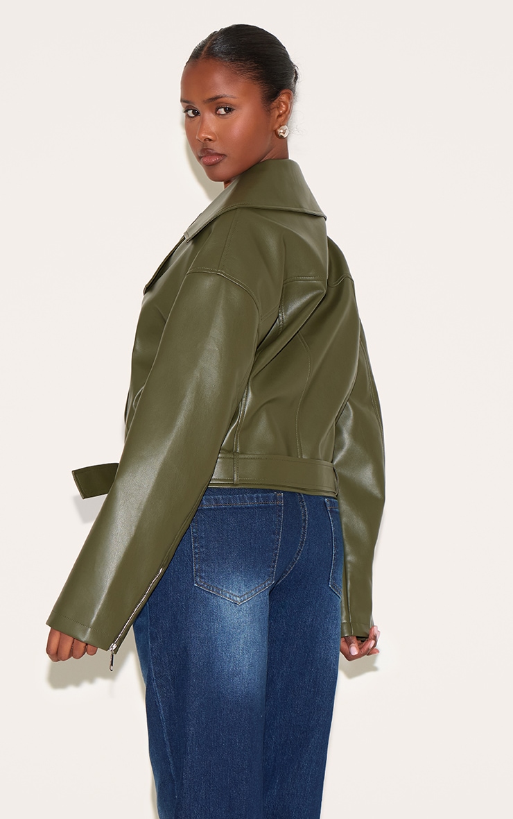 Dark Khaki Faux Leather Belted Relaxed Fit Biker Jacket image 2