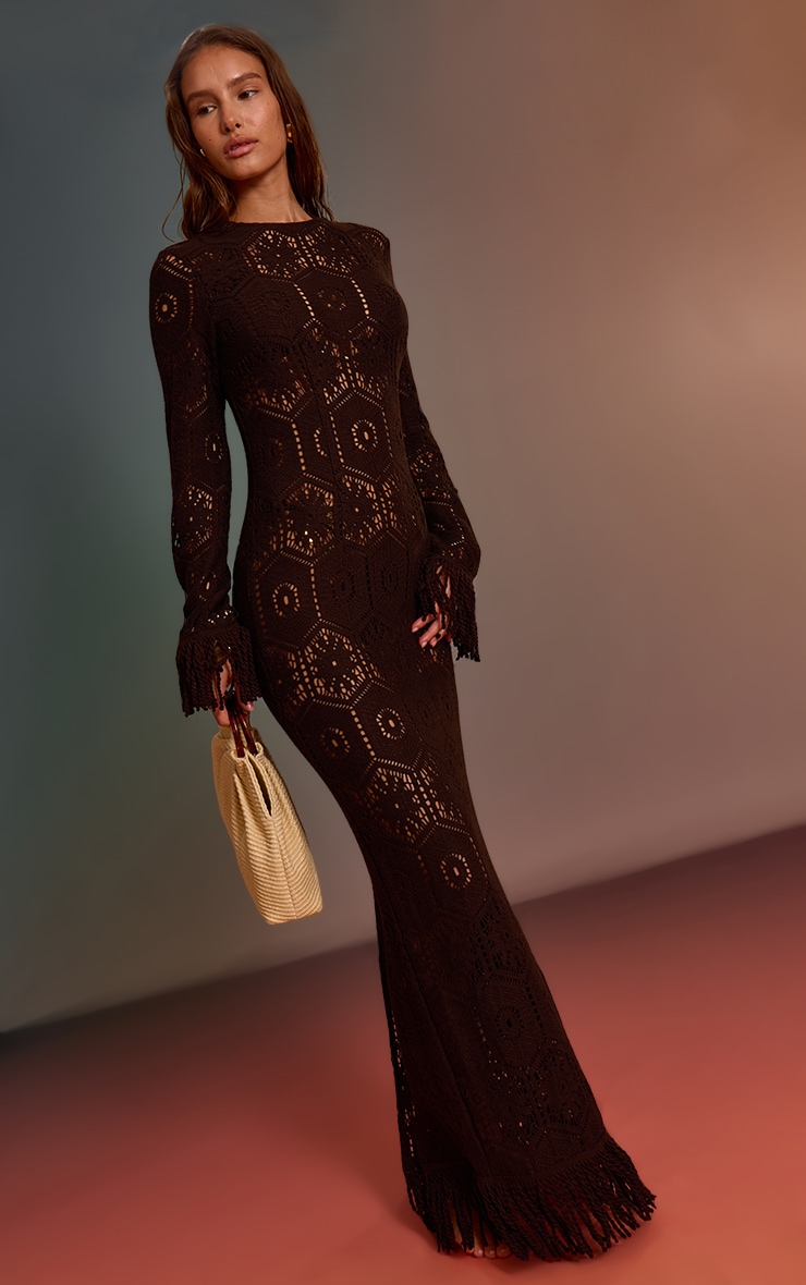 Espresso Crochet Tassel Hem Maxi Beach Dress image 1