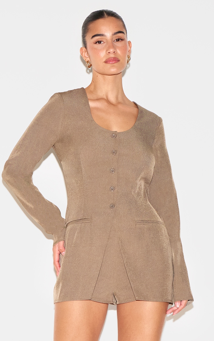 Taupe Tailored Button Down Scoop Neck Romper image 4