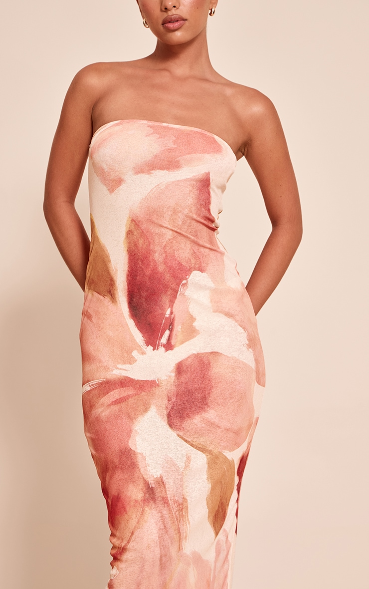 Pink Floral Abstract Printed Onion Skin Bandeau Maxi Dress image 4