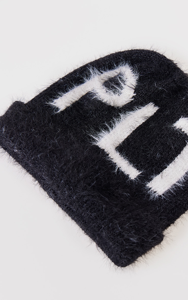 PRETTYLITTLETHING Black Eyelash Knit Beanie image 3
