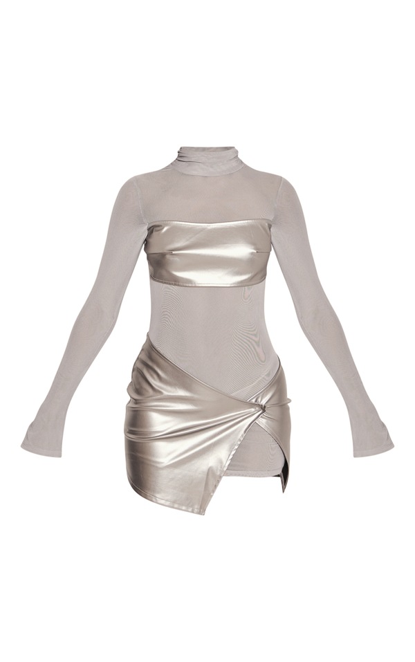 Gunmetal Mesh Pu Panel Long Sleeve Bodycon Dress PrettyLittleThing UAE