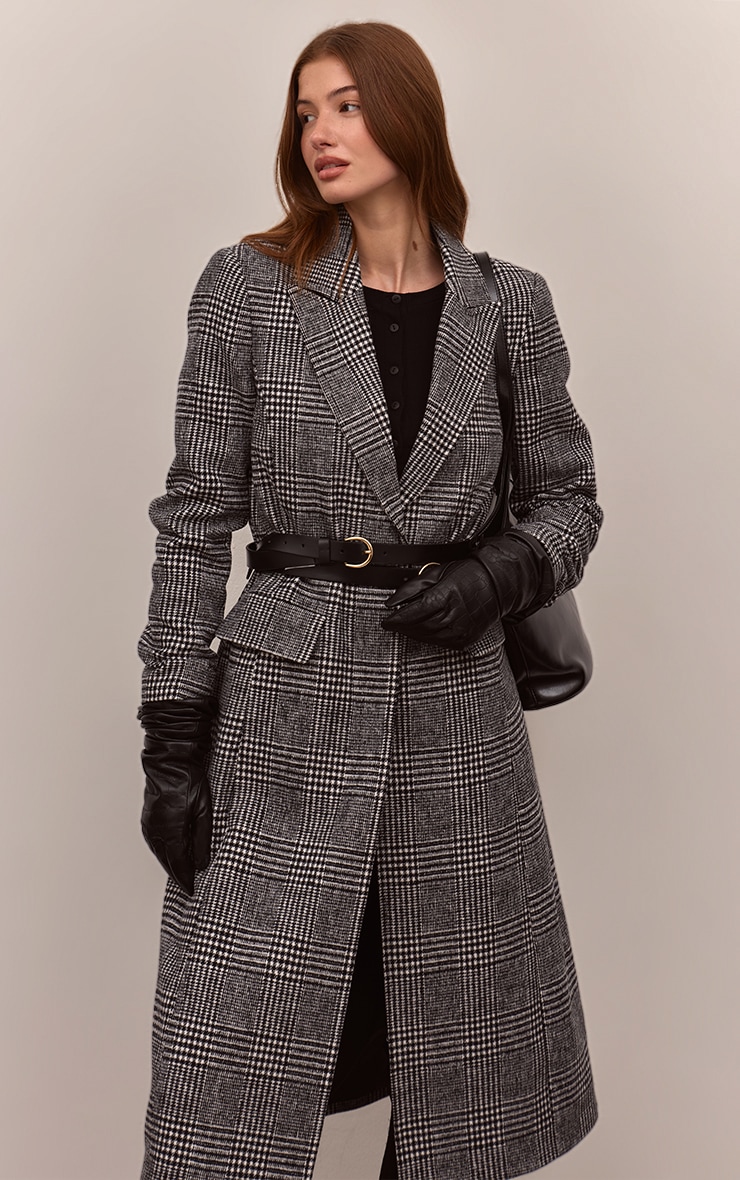 Manteau long en effet laine noir carreaux à simple boutonnière et lisérés structurants image 1